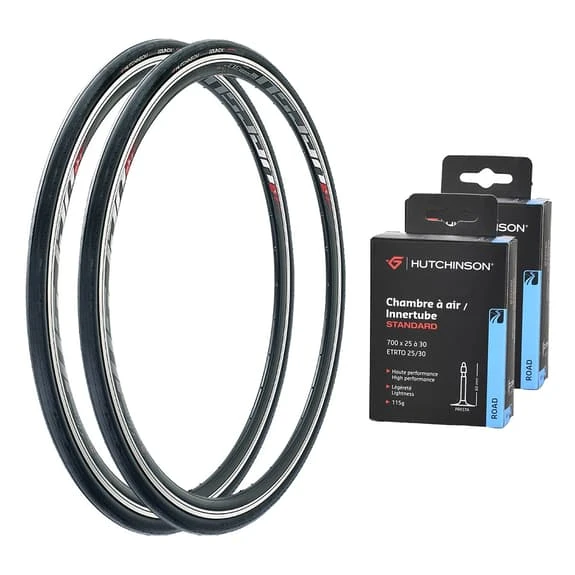 Pack 2 Hutchinson Equinox 2 700 X 25 TT Reinforced + 2 Chambre à Air Hutchinson 700x25-30 Valve Presta 60 Mm 1 Pack 2 Hutchinson Equinox 2 700 X 25 TT Reinforced + 2 Chambre à Air Hutchinson 700x25-30 Valve Presta 60 Mm